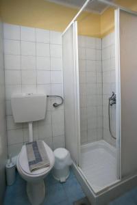 a bathroom with a toilet and a shower at Manolis Studios Thassos in Skala Kallirachis +25 photos