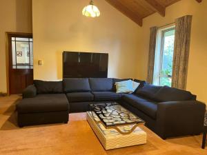 a living room with a blue couch and a tv at Farm-stay delight in Gong Gong