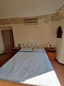 een slaapkamer met een groot bed met een blauw dekbed bij Dimora Fenni - Appartamento elegante nel cuore di Monte Isola con Wi-Fi e aria condizionata in Monte Isola