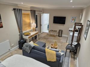a living room with a blue couch and a tv at Striped Horse Guest House - Kenilworth Upper in Cape Town