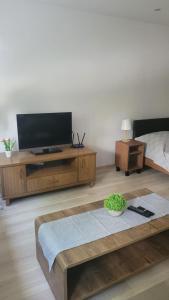a living room with a tv and a coffee table at Mieszkanie Tarnów in Tarnów