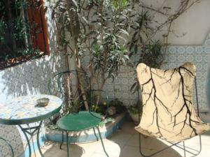 a patio with a table and a chair and a plant at Dar Warda in Bizerte