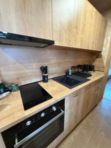 a kitchen with a stove and a sink at Alpine luxury two bed-two bathrooms apartment B25 in Borovets