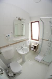 a white bathroom with a toilet and a sink at Potaissa Hotel in Turda