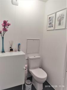 ein weißes Bad mit einem WC und einer Vase aus Blumen in der Unterkunft l'Etoile du Nord in Romainville + 13 Fotos