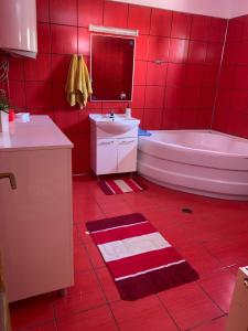 a red tiled bathroom with a tub and a sink at Vila Khalo in Mangalia +45 photos