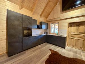 a kitchen with wooden walls and a wooden floor at Franzlhof Chalets in Stainz