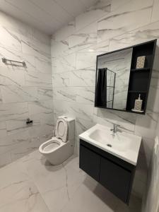 un bagno bianco con un water e un lavandino di Bakuriani Green Valley Apartment B 47 a Bakuriani