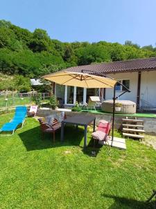 波亚纳默鲁卢伊Casa Din Lunca的院子里带雨伞的野餐桌