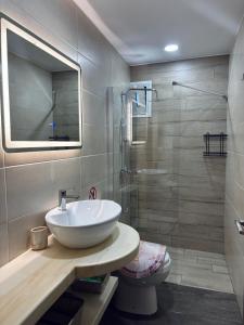 a bathroom with a sink and a shower and a toilet at Blue Horizon in Achlia +31 photos