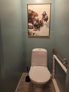 a bathroom with a toilet and a picture on the wall at Flekkan gård in Kleiv