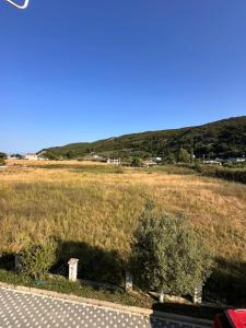 a field of grass with a hill in the background at Lalzi bay Home in Fushë-Draç