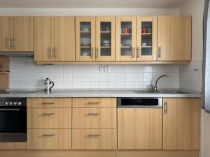 a kitchen with wooden cabinets and a sink at Rodinný dům v přírodě in Křešín