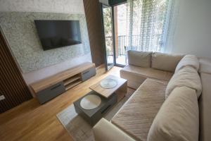 a living room with a couch and a flat screen tv at Panorama Tornik Zlatibor P4 apartman in Zlatibor