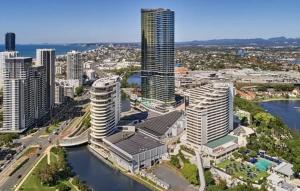 an aerial view of a city with tall buildings at Starview Suite - Private Oceanview 2 Bedroom Apartment on the Star Residence Broadbeach, Free Carpark Included with your stay! in Gold Coast