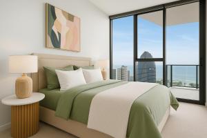 a bedroom with a bed and a large window at Starview Suite - Private Oceanview 2 Bedroom Apartment on the Star Residence Broadbeach, Free Carpark Included with your stay! in Gold Coast