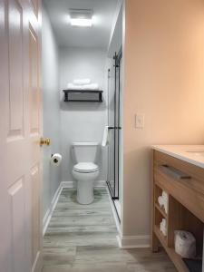 a bathroom with a toilet and a walk in shower at The Earl of Sandwich Motel in East Sandwich