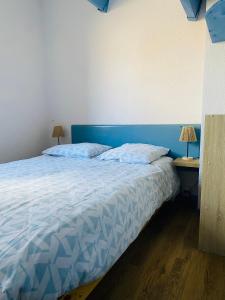 a bed with a blue headboard and two tables with lamps at Pavillon 4-6 couchages in Cap d'Agde +8 photos