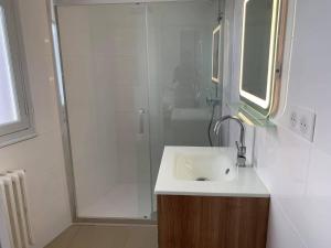 ein Badezimmer mit Waschbecken und Dusche in der Unterkunft Bristol Manor N20 terrasse cuisine et chambre in Néris-les-Bains