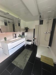 a bathroom with a sink and a shower at Ferienhaus Glückszeit bei Goslar in Langelsheim