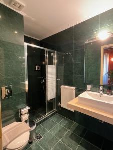 a bathroom with a sink and a shower and a toilet at Archontiko Leontari in Leondari +75 photos