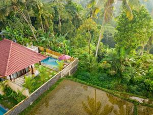 an aerial view of a resort with a swimming pool at Dukuh Sari Villa in Ubud
