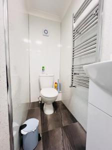 a white bathroom with a toilet and a sink at The Barbican Apartments in Plymouth