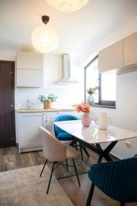 a kitchen and dining room with a table and chairs at Pipera Studio Apartment in Voluntari +16 photos