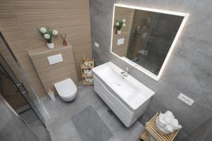 ein Badezimmer mit Waschbecken, Toilette und Spiegel in der Unterkunft Studio Andrea in Dubrovnik