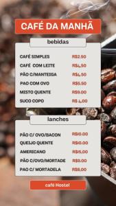a screenshot of a menu for cafe da manilla at Suites Aparecida in Aparecida +28 photos