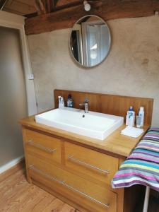 a bathroom with a sink and a mirror at Au cordonnier in Troncens +10 photos