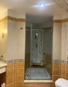 ein Bad mit einer Dusche, einer Badewanne und einem WC in der Unterkunft Domina Coral Bay Private Studios - Harem - Blocco 60 in Sharm El Sheikh