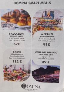 ein Menü für ein Restaurant mit verschiedenen Speisen in der Unterkunft Domina Coral Bay Private Studios - Harem - Blocco 60 in Sharm El Sheikh