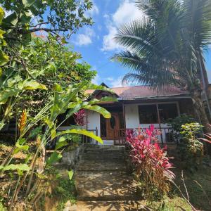 a house with stairs leading up to it with a palm tree at El Encanto de Las Marias in Satipo