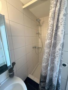 a bathroom with a shower curtain and a sink at LOFT WINTERZEIT - NEAR INTERLAKEN SPIEZ THUN - Wandern und Skifahren in Wimmis