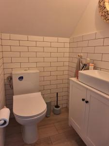 a bathroom with a white toilet and a sink at Zakątek Rumiankowa Rewal in Rewal