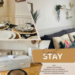 Un collage de fotos de una sala de estar con una mesa y vasos. en Smart stay entre la defense et paris, en Argenteuil