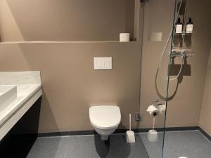 a bathroom with a toilet and a glass shower at Hotell Sjyen in Nesna +23 photos
