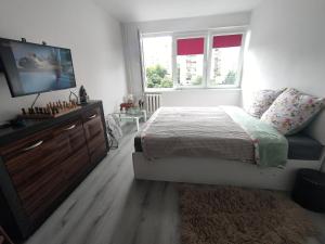 a bedroom with a bed and a flat screen tv at Sweet Home Inn in Świnoujście