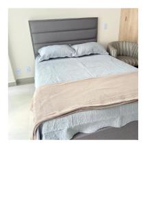圣保罗38nv Studio Liberdade SP 300 metros Estação Japão até 03 pessoas的卧室里有一张大床，上面铺着灰色的毯子