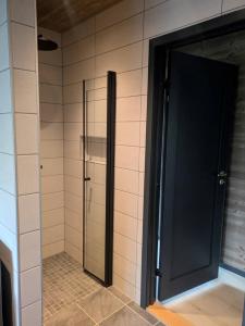 a shower with a glass door in a bathroom at 2 cabins surrounded by beautiful nature in Stryn