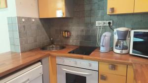 a kitchen with a counter with a mixer and a sink at Résidence Portail - Le Portail 19 - Joli T2, vue sur les pistes et la vallée MAE-8463 in Valmorel