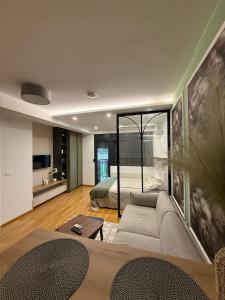 a living room with a couch and a bed at Studio Crnjanski in Jagodina +8 photos