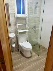 a bathroom with a toilet and a glass shower at Karamelo Tropical Getaway in Santiago de los Caballeros
