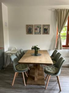 a dining room with a wooden table and green chairs at Apartmán Všichni se vlezem in Kašperské Hory