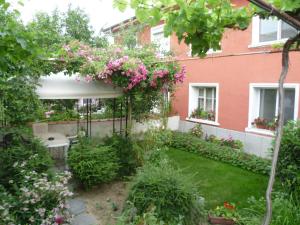 a garden with a pergola with pink flowers at Stai Za Gosti Venera in Hisarya