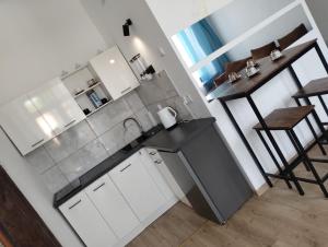 a kitchen with a sink and a counter top at Apartament rodzinny SAKURA in Jędrzejów