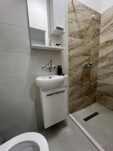 a bathroom with a toilet and a sink and a shower at Urban Heart Residence in Sarajevo +41 photos