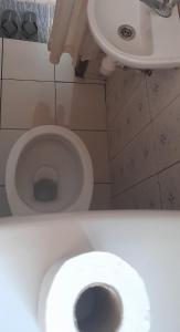a bathroom with a white toilet in a room at Miji Lake Victoria Room in Jinja