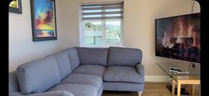a blue couch in a living room with a window at Hendre Coed Isaf Caravan Park in Barmouth